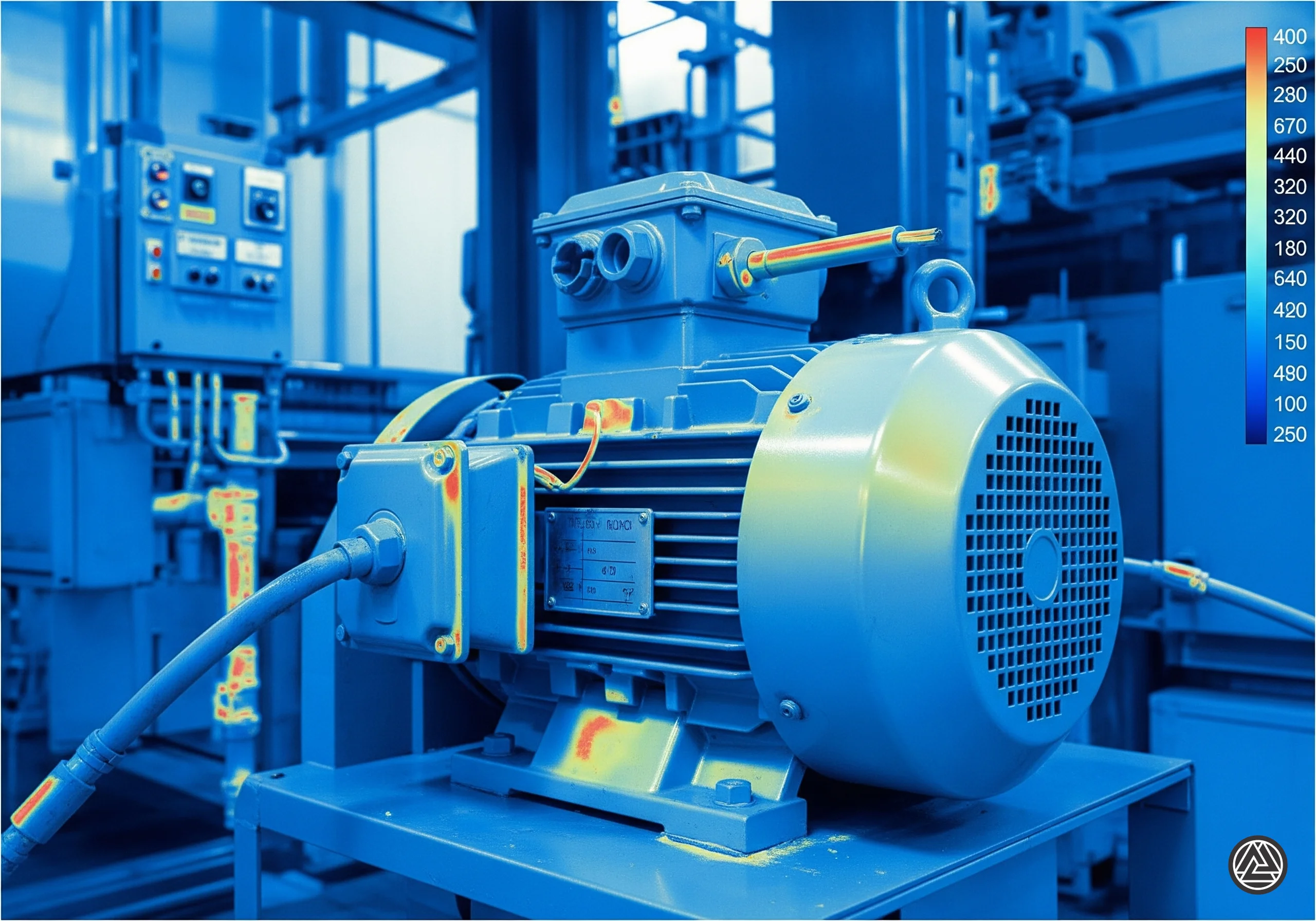 Imagem de uma câmera termográfica mostrando pontos de calor em um equipamento.
